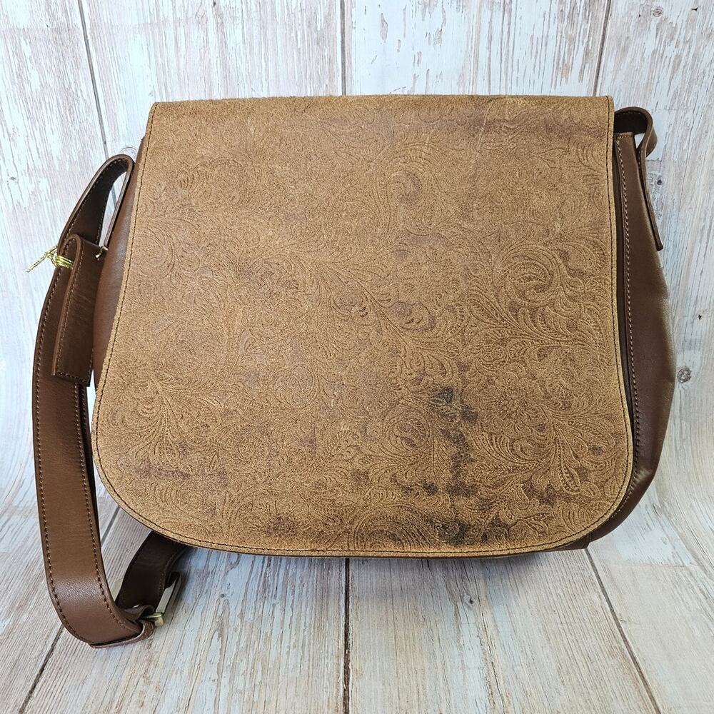Lord & Taylor Vintage Tooled Leather Brown Satchel Crossbody Bag